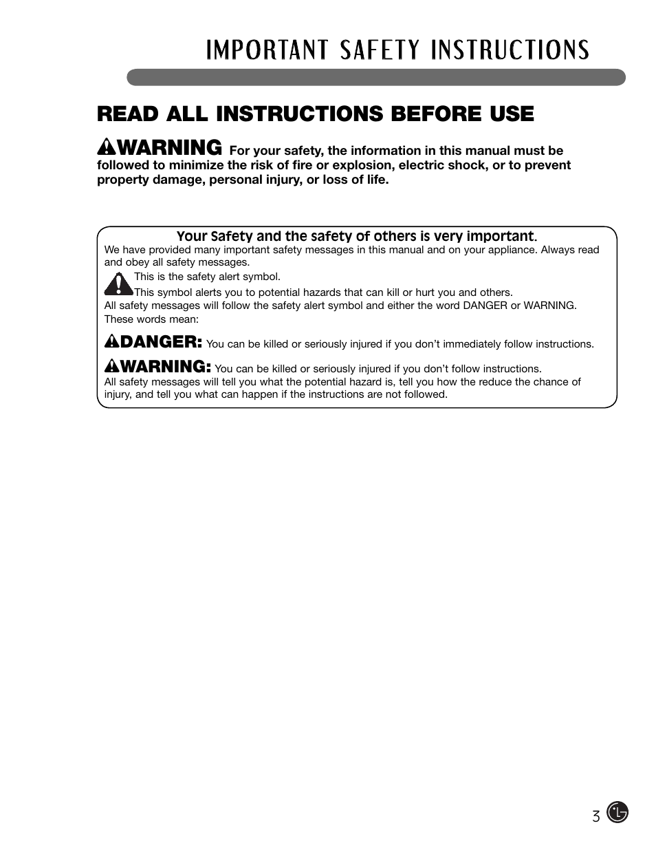 W warning, Read all instructions before use | LG WM2301HW User Manual | Page 3 / 108