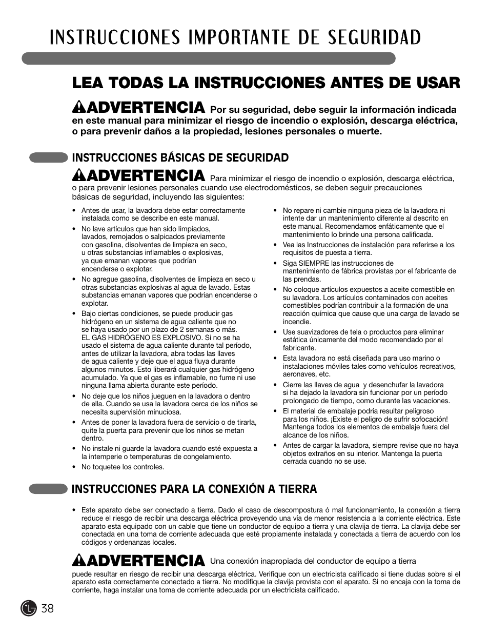 W advertencia, Lea todas la instrucciones antes de usar, Instrucciones básicas de seguridad | Instrucciones para la conexión a tierra | LG WM2301HW User Manual | Page 38 / 108