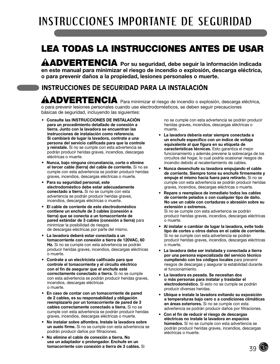 W advertencia, Lea todas la instrucciones antes de usar, Instrucciones de seguridad para la instalación | LG WM2301HW User Manual | Page 39 / 108