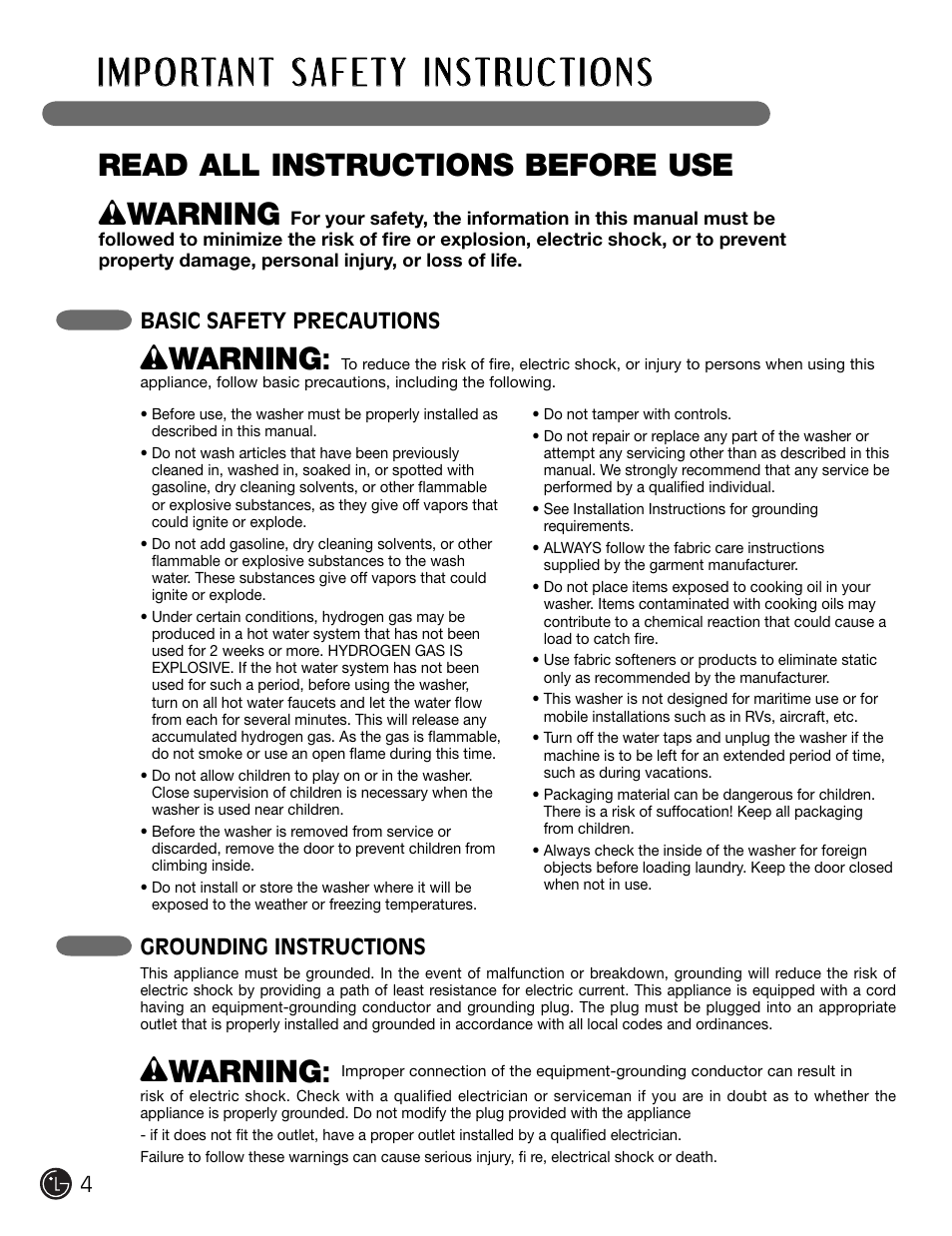 W warning, Read all instructions before use | LG WM2301HW User Manual | Page 4 / 108