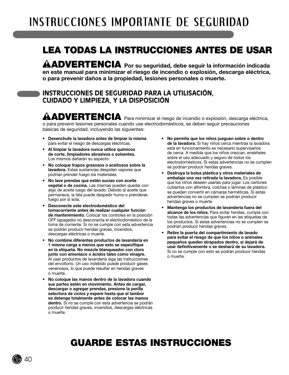 W advertencia | LG WM2301HW User Manual | Page 40 / 108