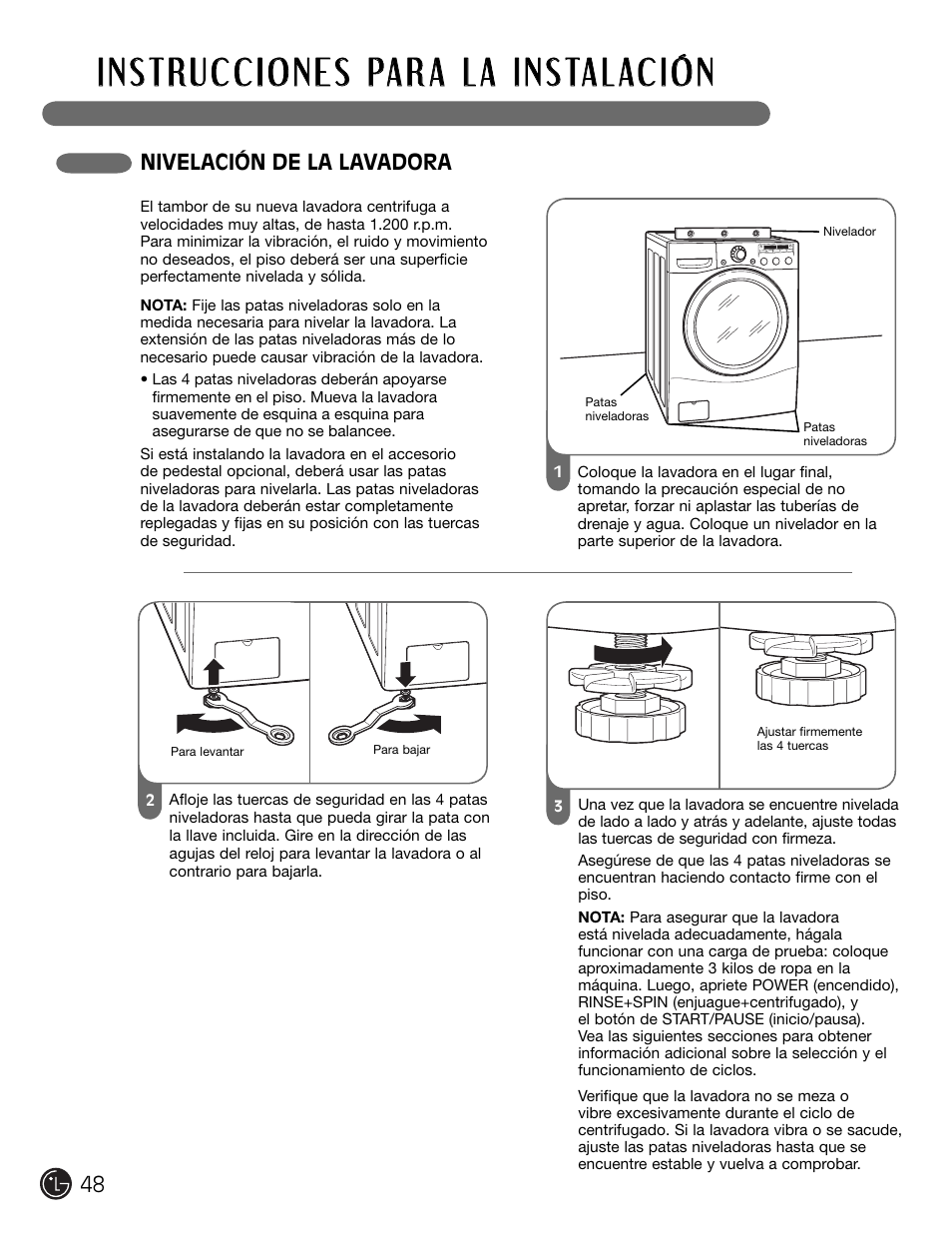 Nivelación de la lavadora | LG WM2301HW User Manual | Page 48 / 108