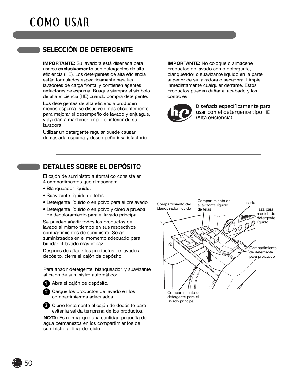 Selección de detergente detalles sobre el depósito | LG WM2301HW User Manual | Page 50 / 108