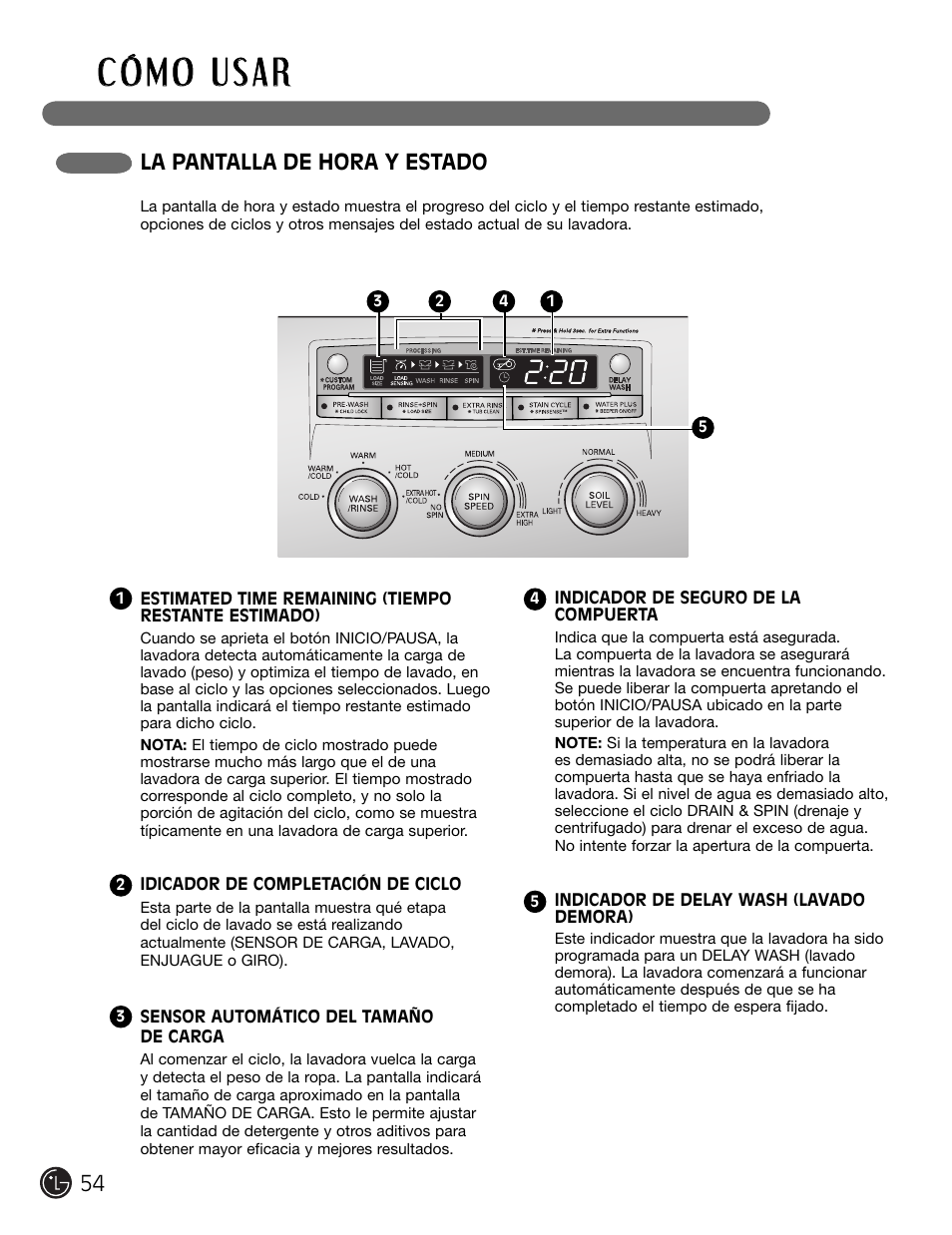 La pantalla de hora y estado | LG WM2301HW User Manual | Page 54 / 108