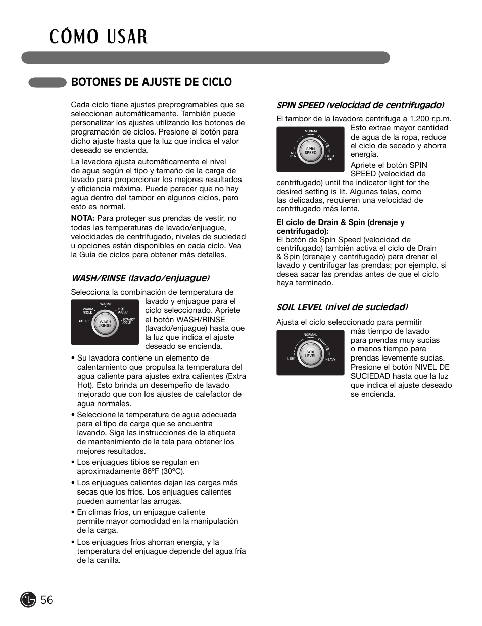 Botones de ajuste de ciclo | LG WM2301HW User Manual | Page 56 / 108