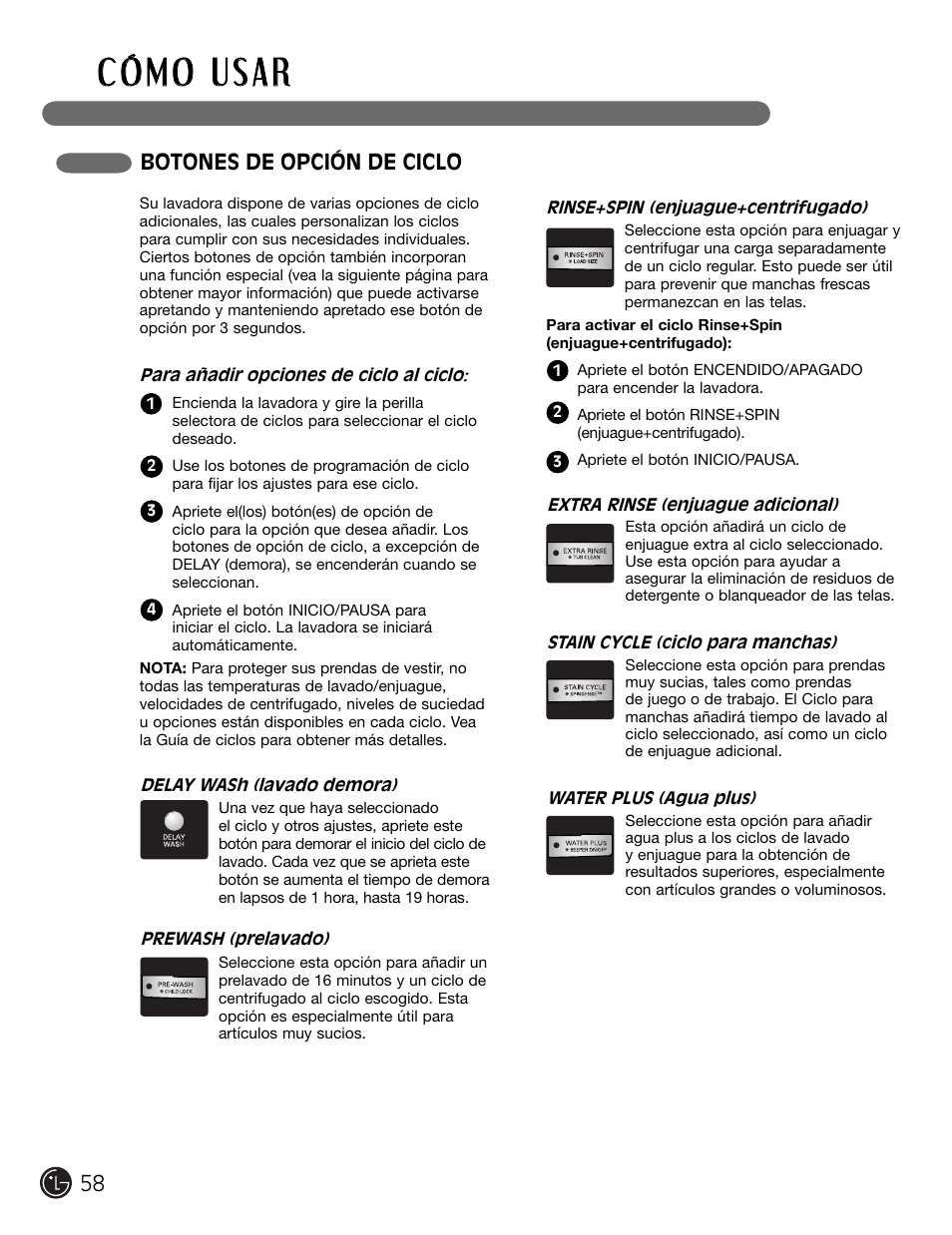 Botones de opción de ciclo | LG WM2301HW User Manual | Page 58 / 108
