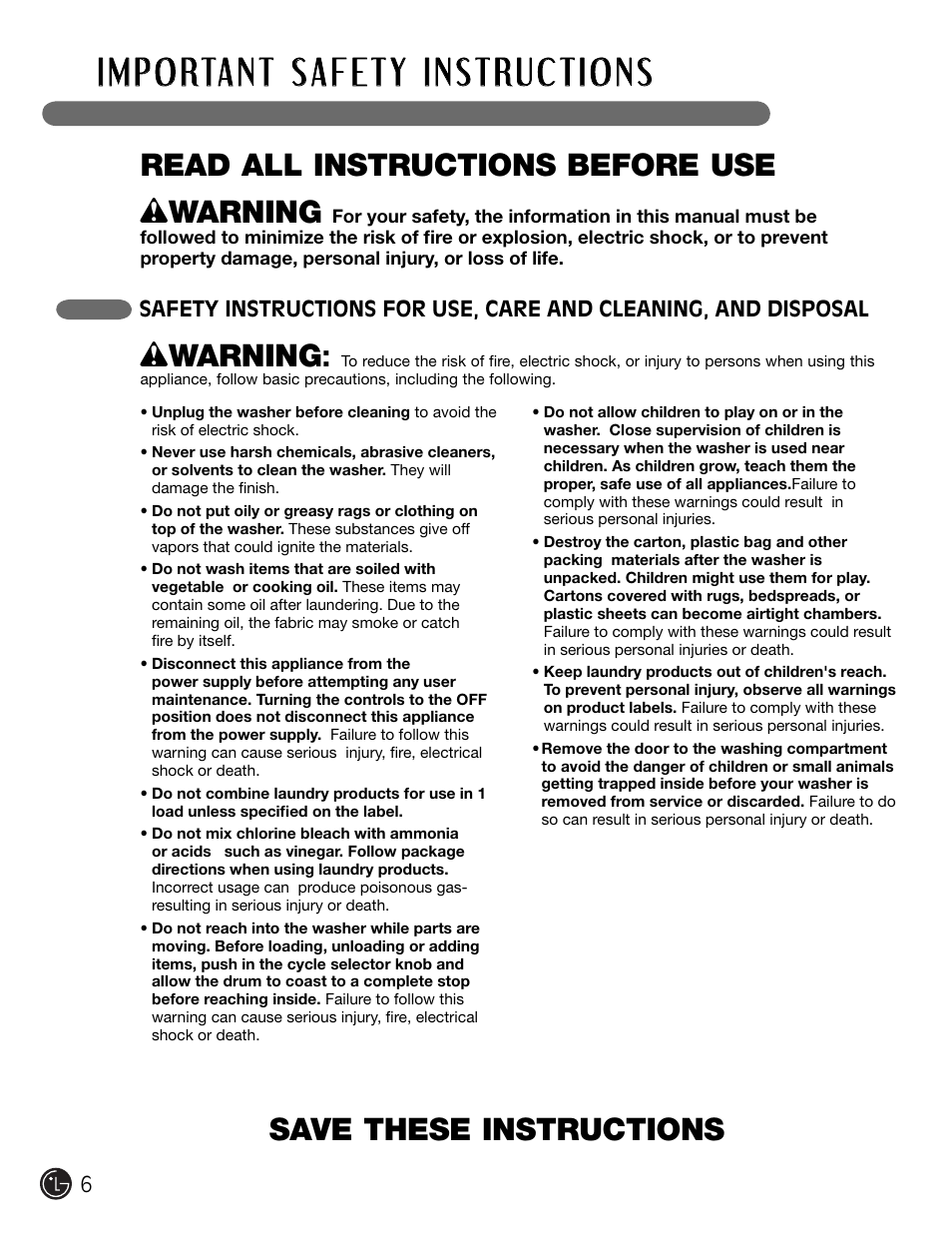W warning | LG WM2301HW User Manual | Page 6 / 108
