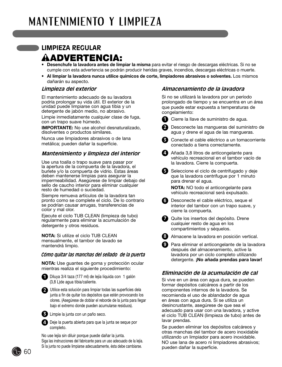 W advertencia, Limpieza regular | LG WM2301HW User Manual | Page 60 / 108