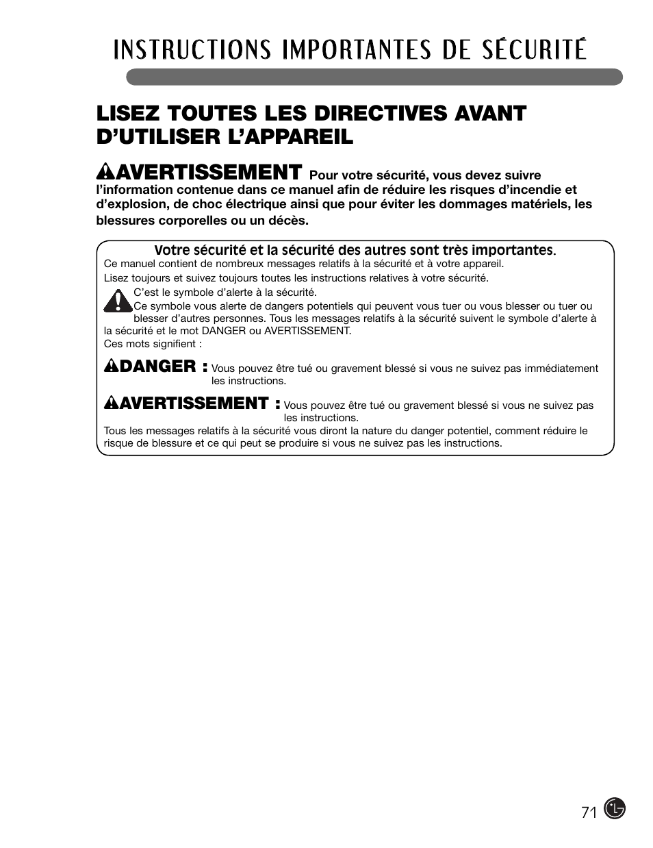 W avertissement | LG WM2301HW User Manual | Page 71 / 108