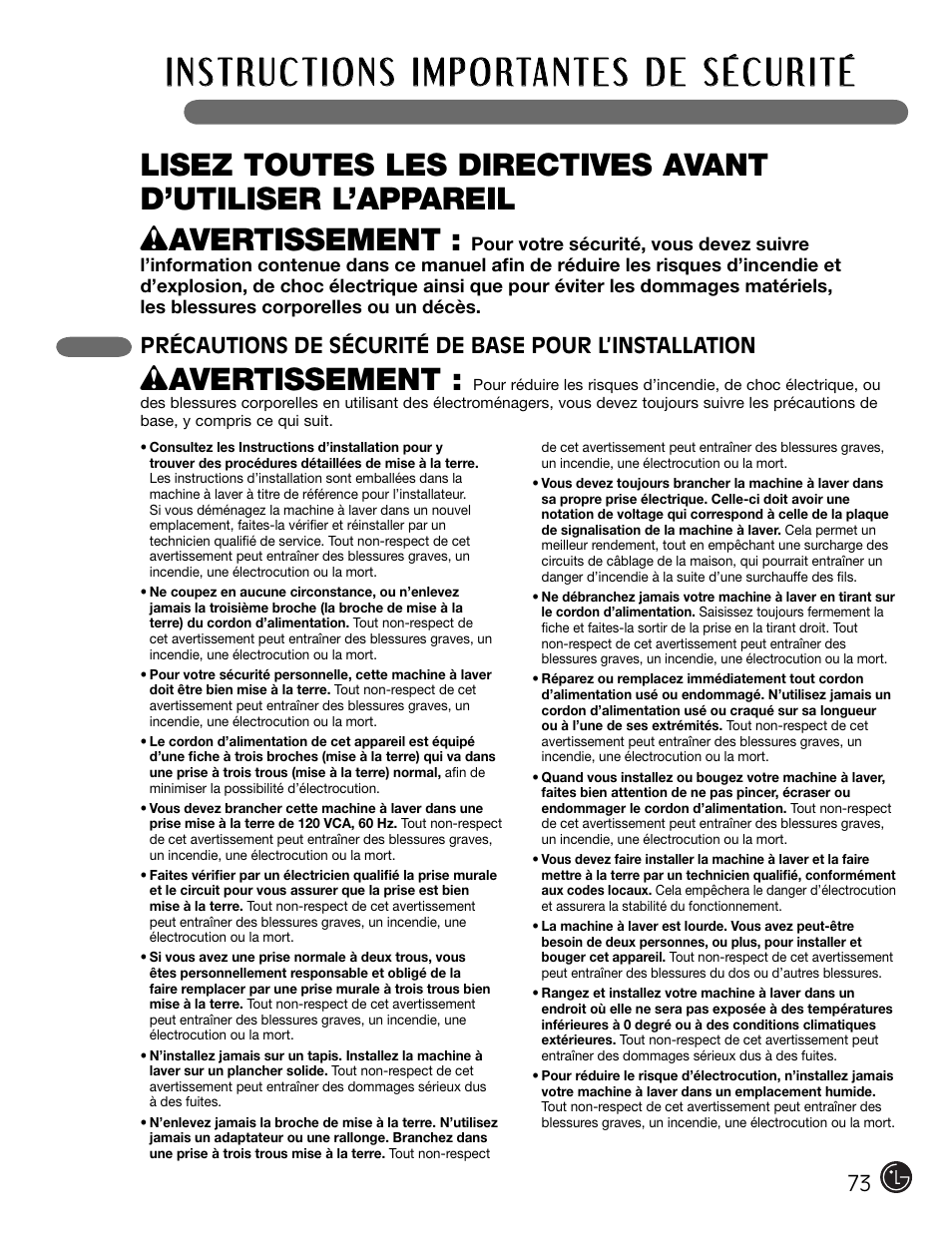 W avertissement | LG WM2301HW User Manual | Page 73 / 108