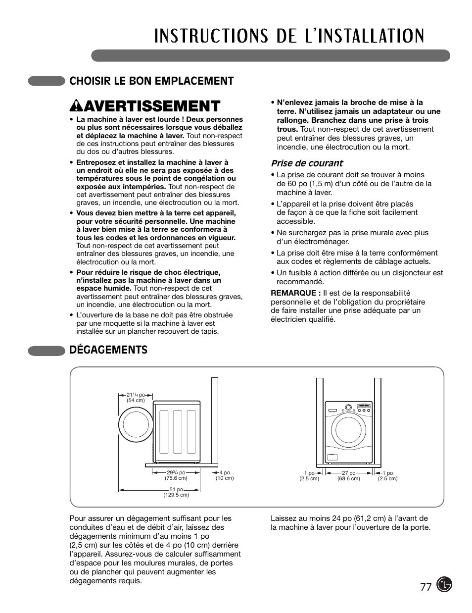 W avertissement, Choisir le bon emplacement dégagements | LG WM2301HW User Manual | Page 77 / 108
