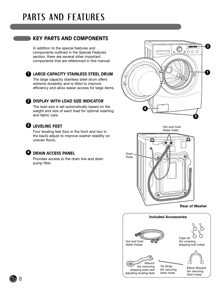 Key parts and components | LG WM2301HW User Manual | Page 8 / 108