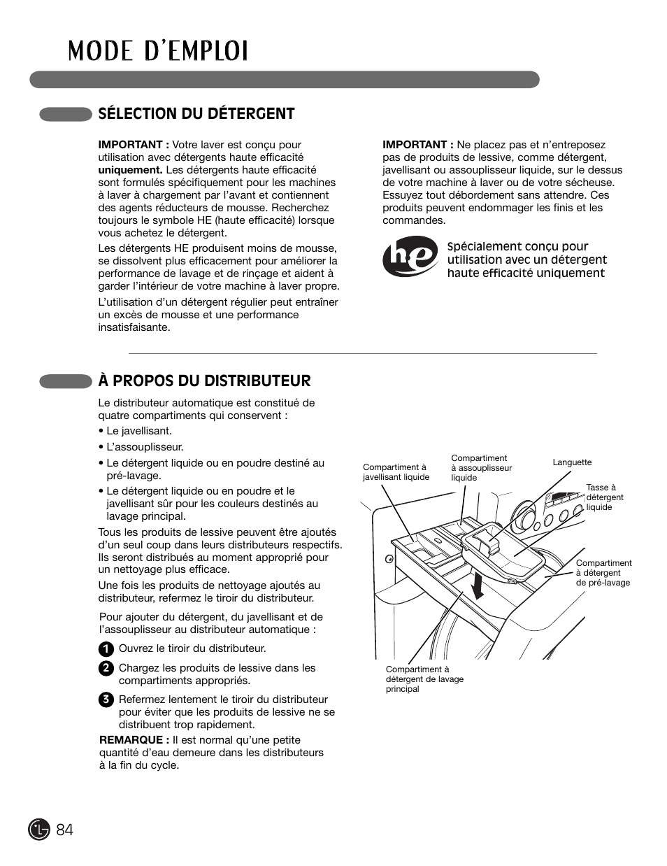 Sélection du détergent à propos du distributeur | LG WM2301HW User Manual | Page 84 / 108