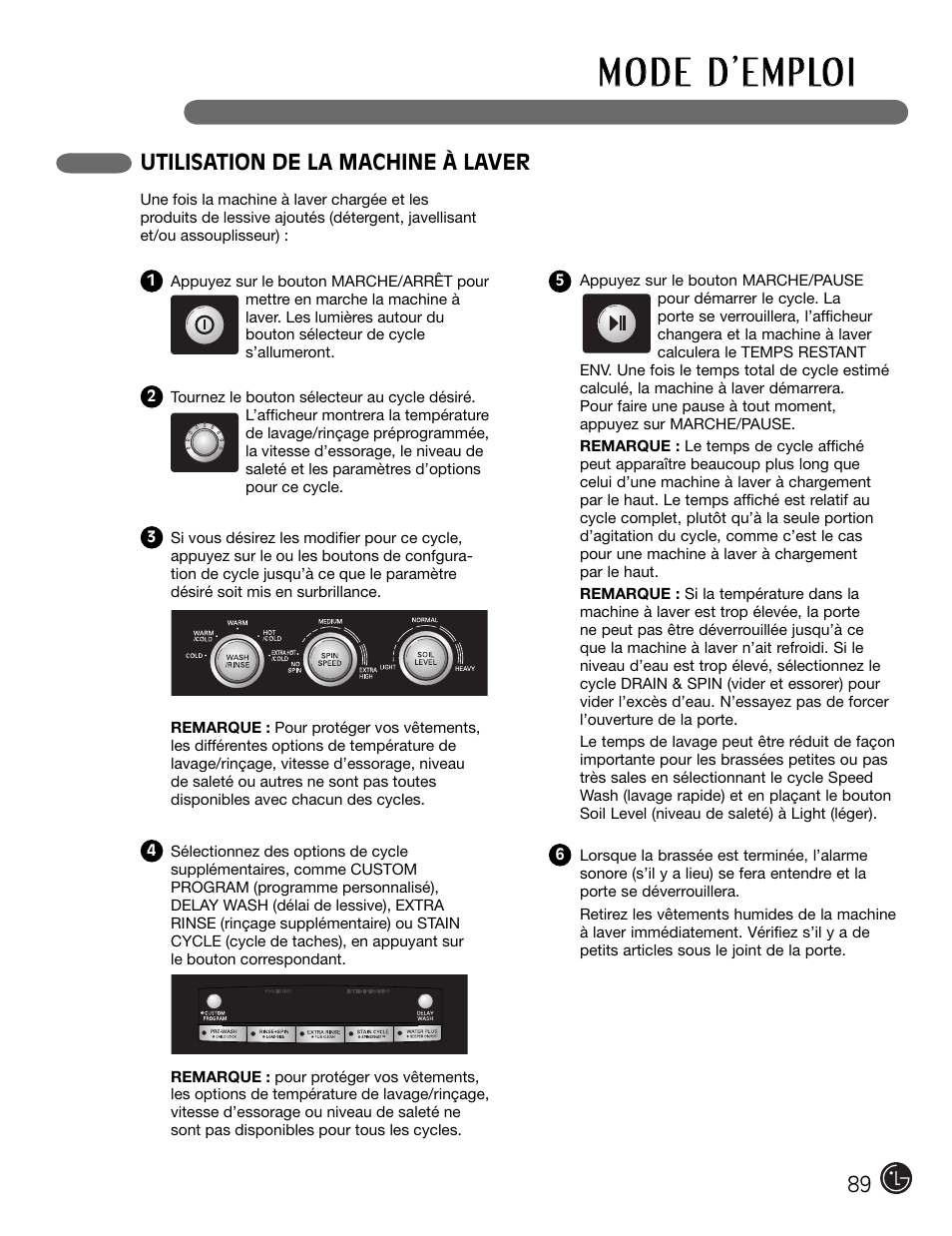 Utilisation de la machine à laver | LG WM2301HW User Manual | Page 89 / 108