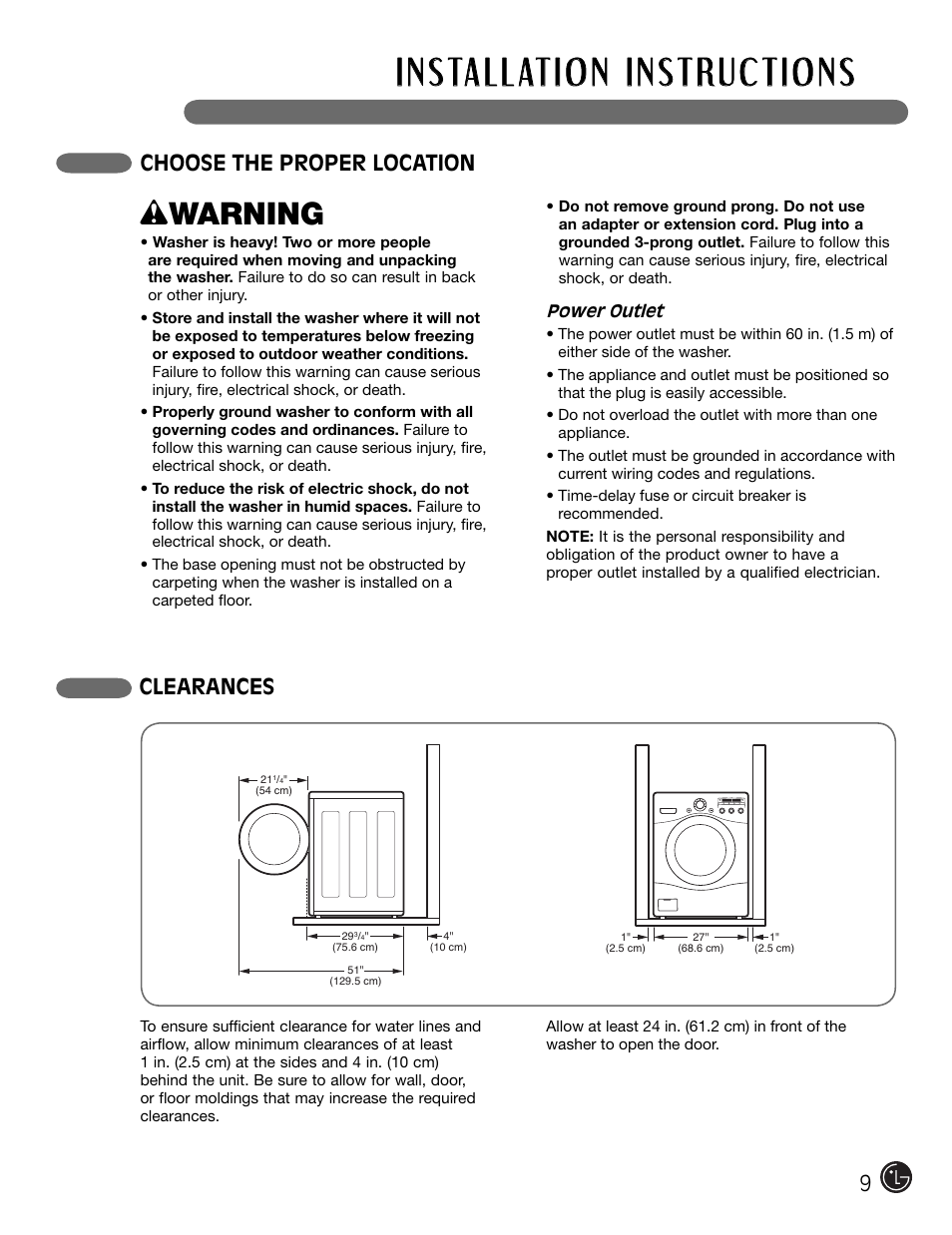 W warning, Choose the proper location clearances | LG WM2301HW User Manual | Page 9 / 108