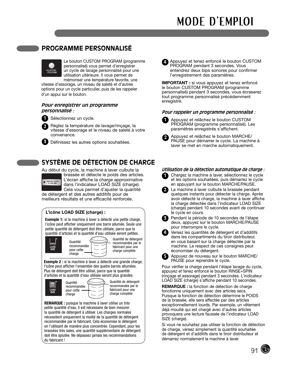 Programme personnalisé, Système de détection de charge | LG WM2301HW User Manual | Page 91 / 108