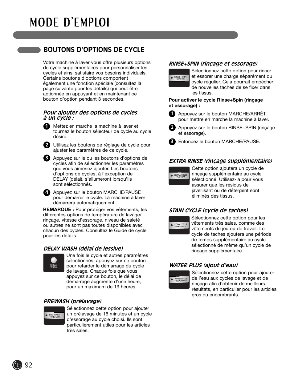 Boutons d’options de cycle | LG WM2301HW User Manual | Page 92 / 108