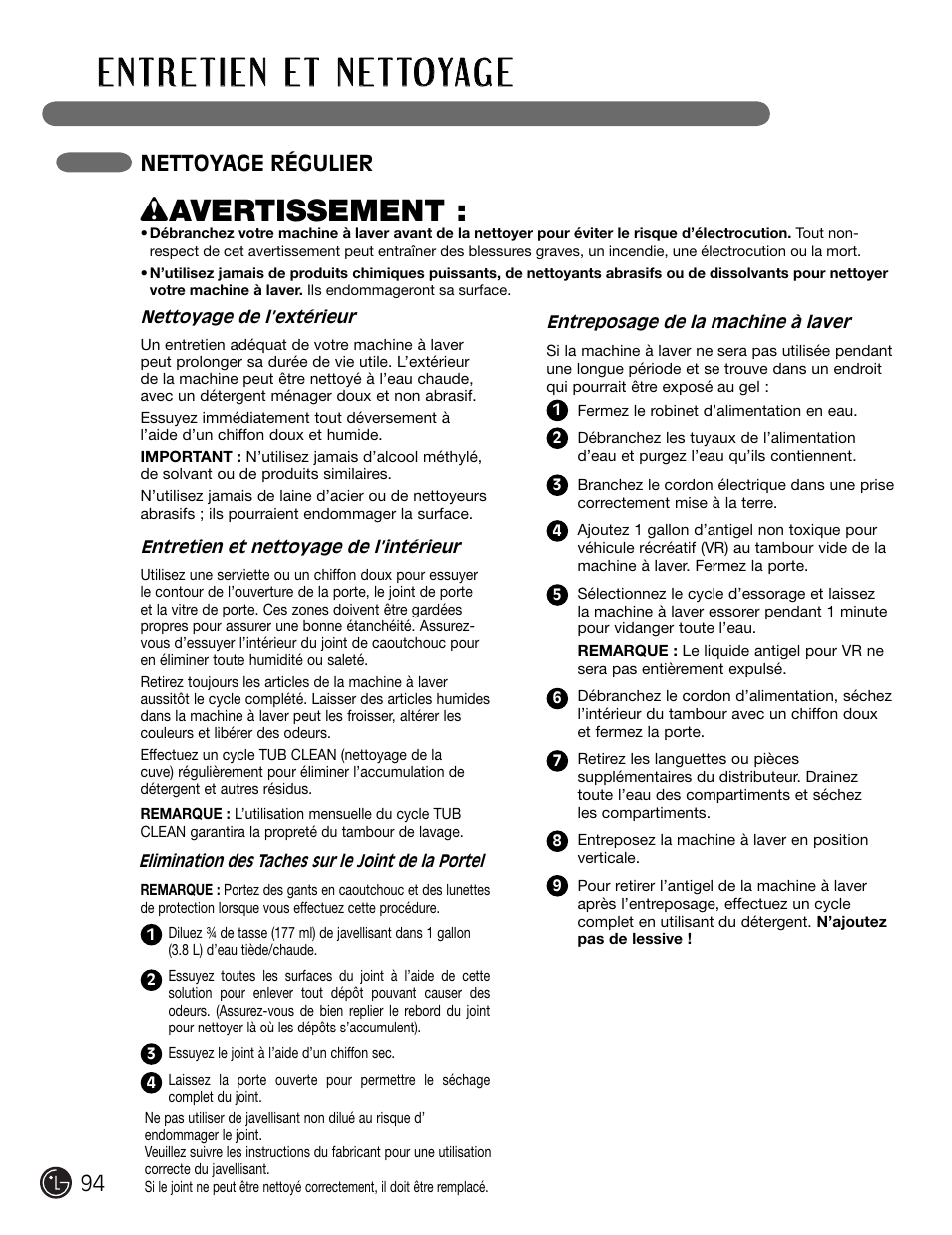 W avertissement, Nettoyage régulier | LG WM2301HW User Manual | Page 94 / 108