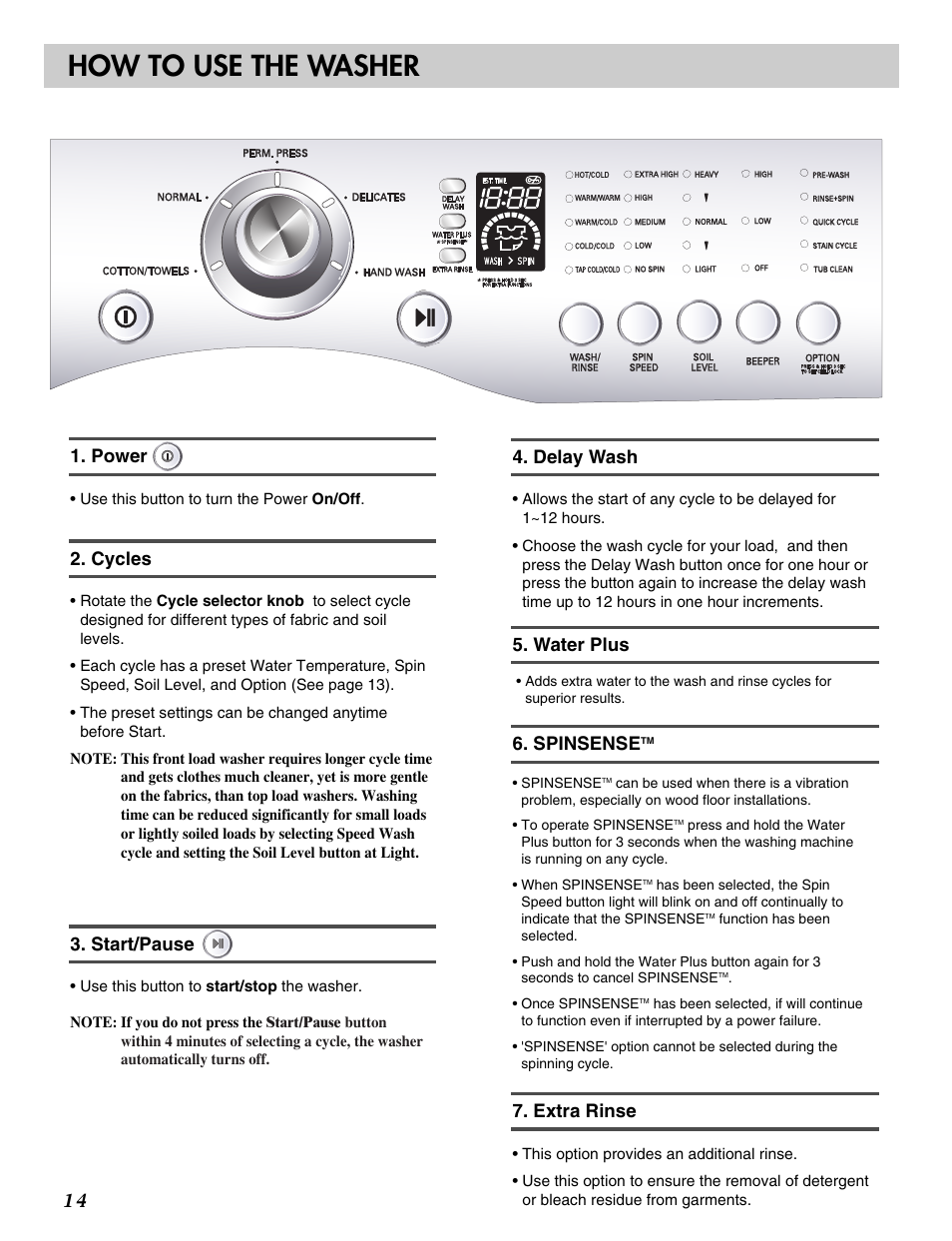 How to use the washer, Cycles, Power | Start/pause, Delay wash, Water plus, Extra rinse, Spinsense | LG WM2016CW User Manual | Page 15 / 48