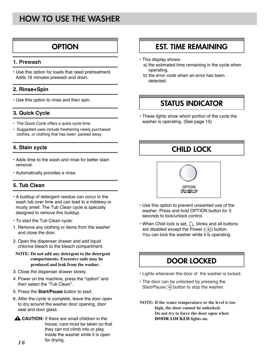 How to use the washer, Child lock door locked, Status indicator | Est. time remaining, Option | LG WM2016CW User Manual | Page 17 / 48