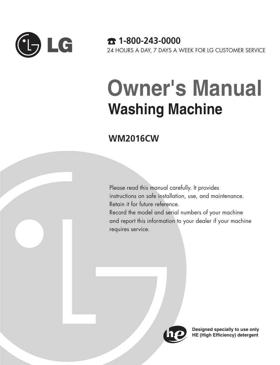 Owner's manual, Washing machine | LG WM2016CW User Manual | Page 2 / 48