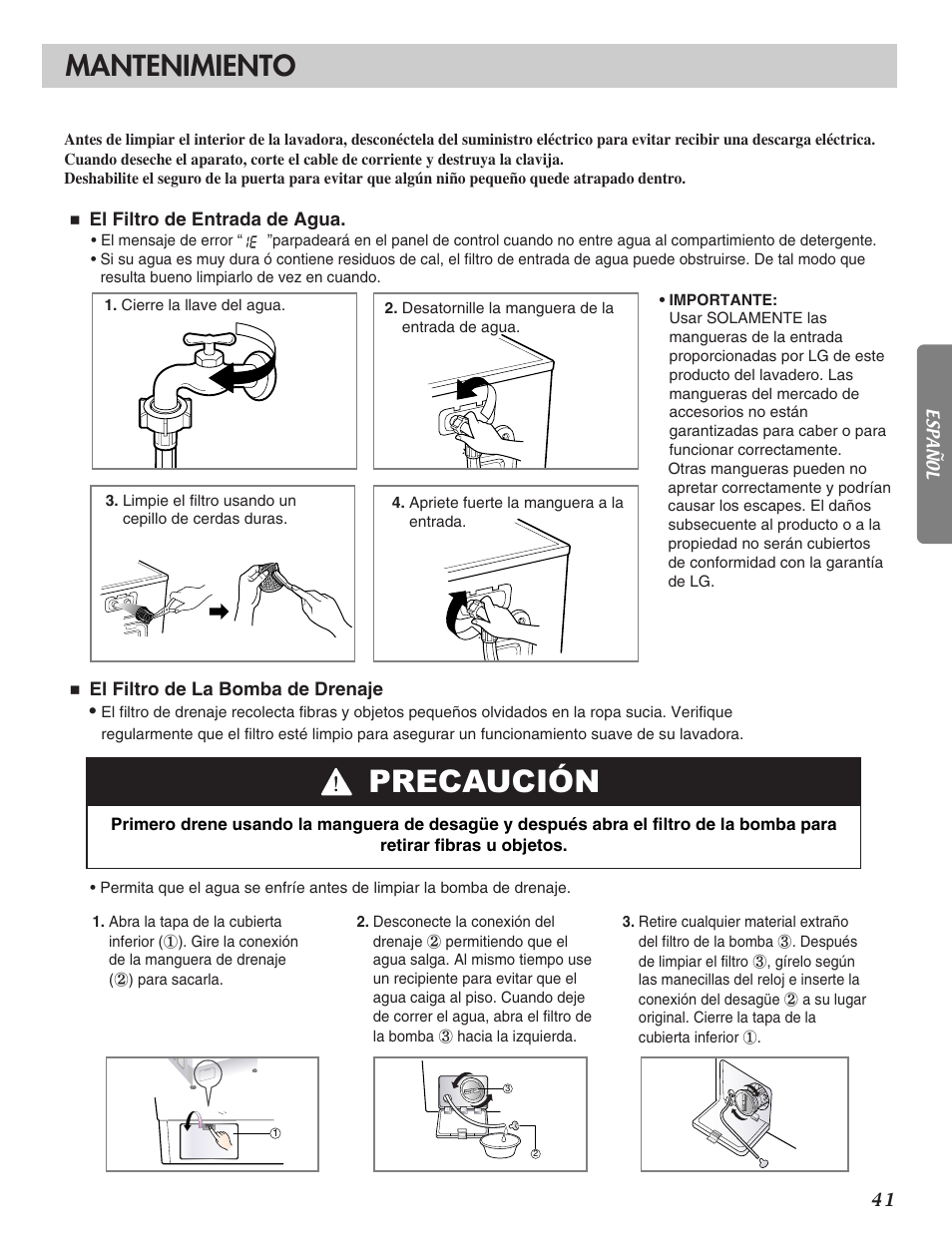 Precaución, Mantenimiento | LG WM2016CW User Manual | Page 42 / 48