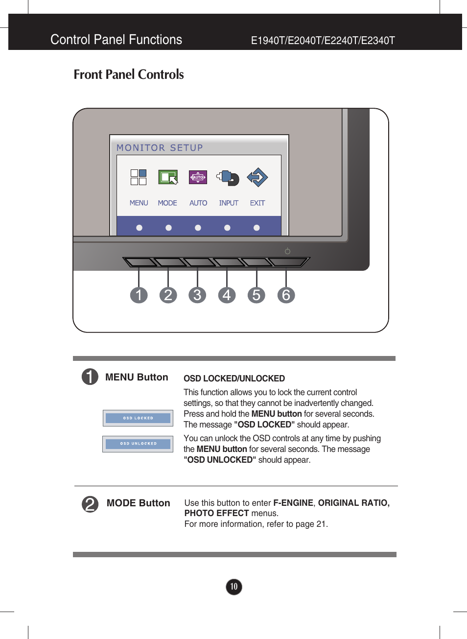 Control panel functions, Front panel controls, E1940t/e2040t/e2240t/e2340t | LG E2040T-PN User Manual | Page 11 / 39