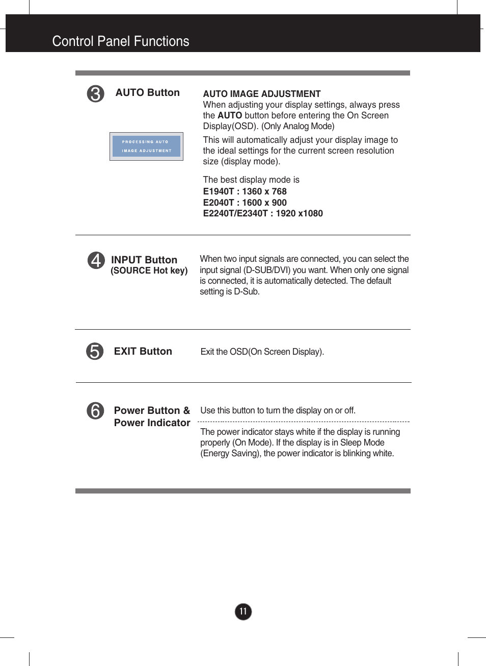 Control panel functions | LG E2040T-PN User Manual | Page 12 / 39