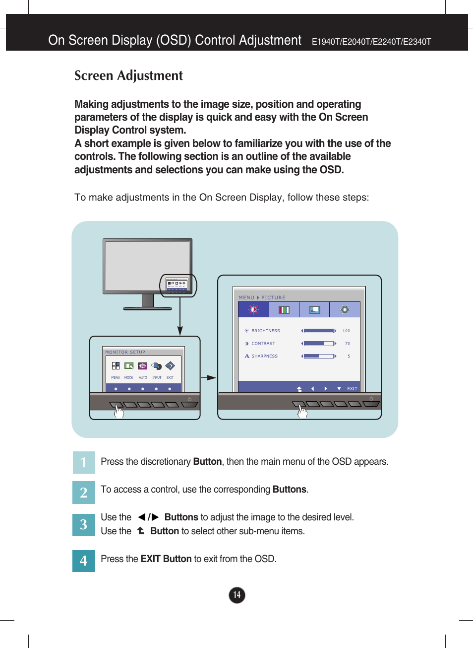 On screen display (osd) control adjustment, Screen adjustment, E1940t/e2040t/e2240t/e2340t | LG E2040T-PN User Manual | Page 15 / 39