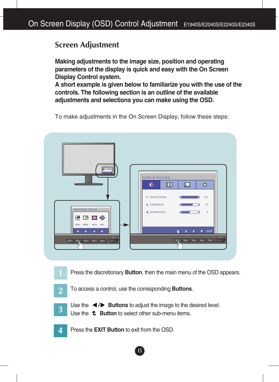 E1940s/e2040s/e2240s/e2340s, On screen display (osd) control adjustment, Screen adjustment | LG E2040T-PN User Manual | Page 16 / 39