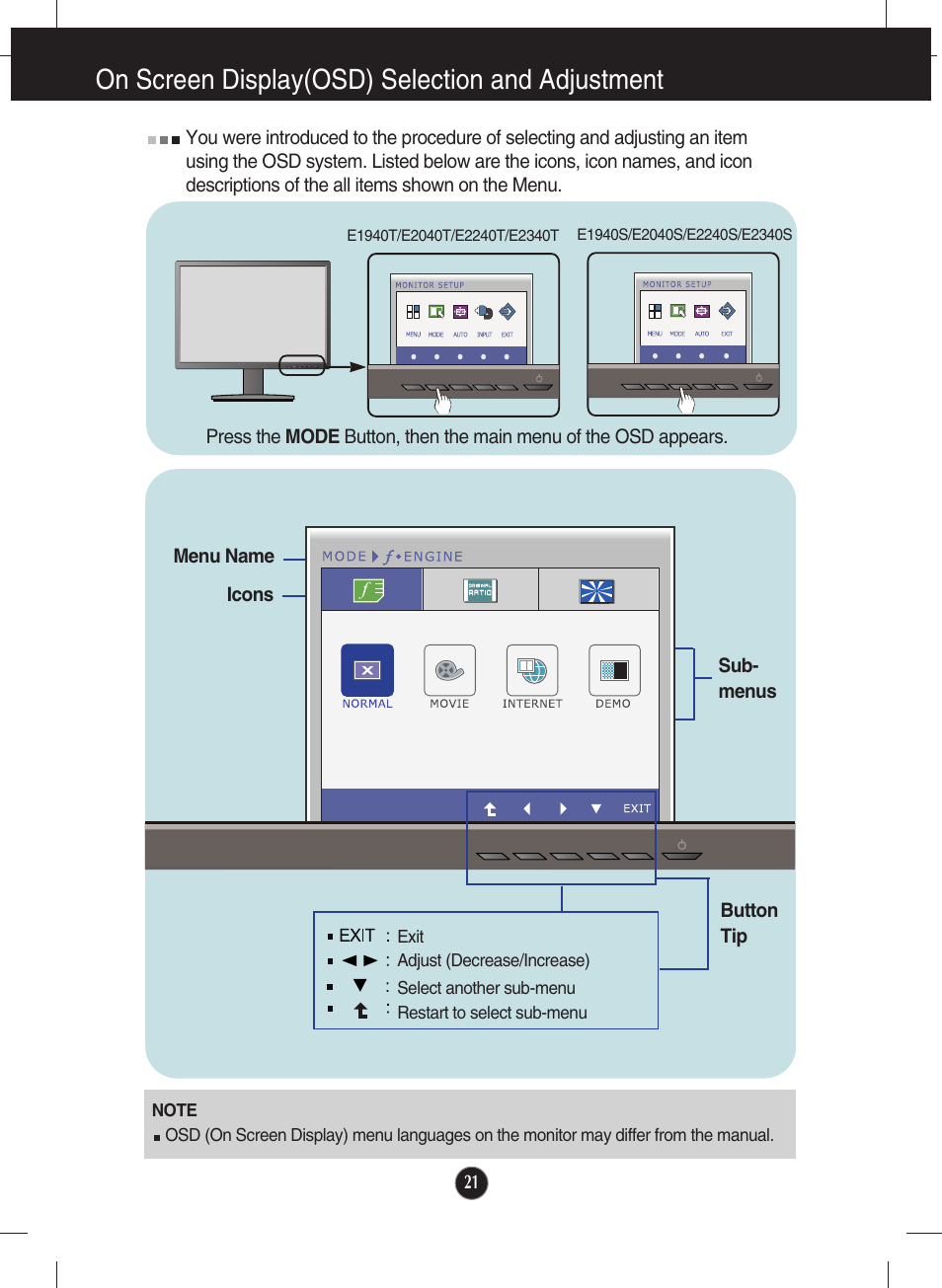 Mode, On screen display(osd) selection and adjustment | LG E2040T-PN User Manual | Page 22 / 39