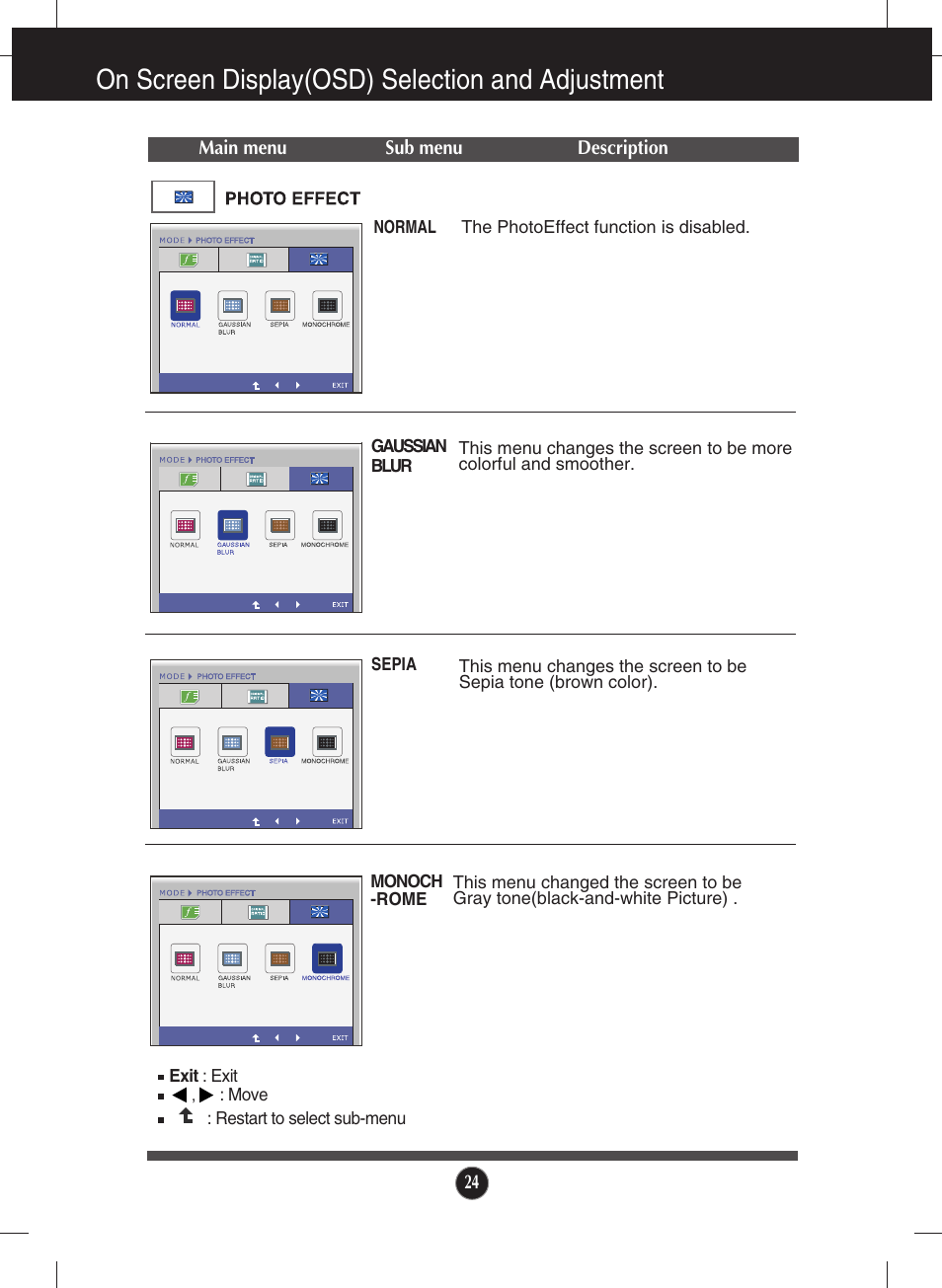 Photo effect, On screen display(osd) selection and adjustment | LG E2040T-PN User Manual | Page 25 / 39