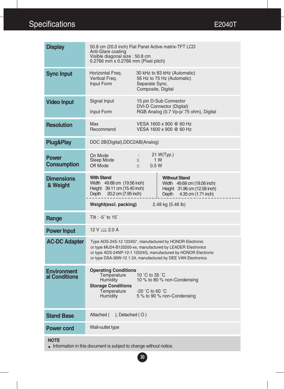 E2040t, Specifications | LG E2040T-PN User Manual | Page 31 / 39