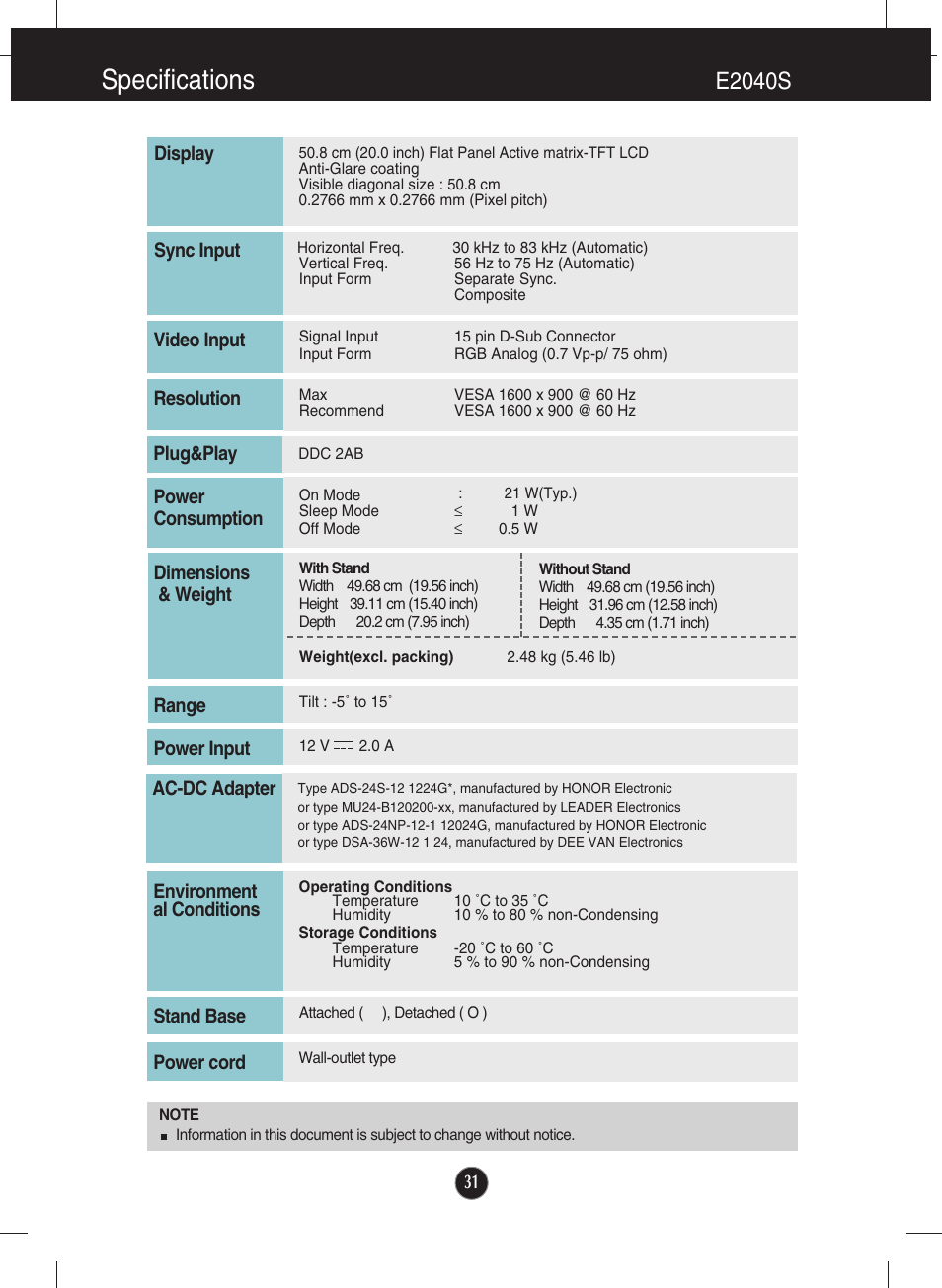 E2040s, Specifications | LG E2040T-PN User Manual | Page 32 / 39