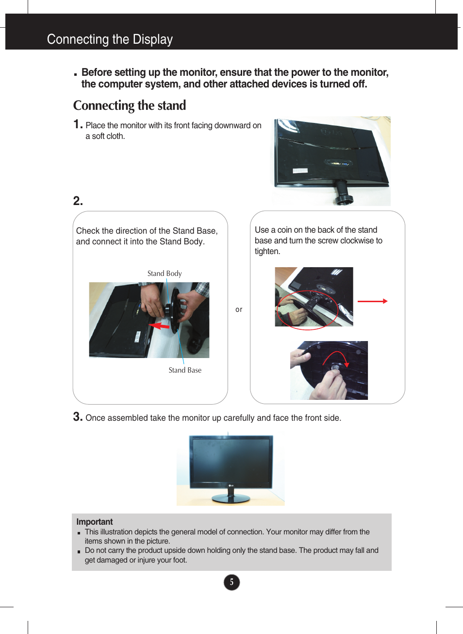 Connecting the display, Connecting the stand | LG E2040T-PN User Manual | Page 6 / 39