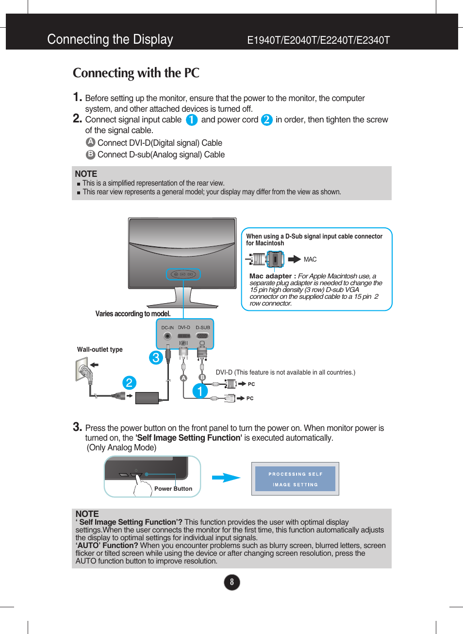 Connecting with the pc, E1940t/e2040t/e2240t/e2340t, Connecting the display | LG E2040T-PN User Manual | Page 9 / 39