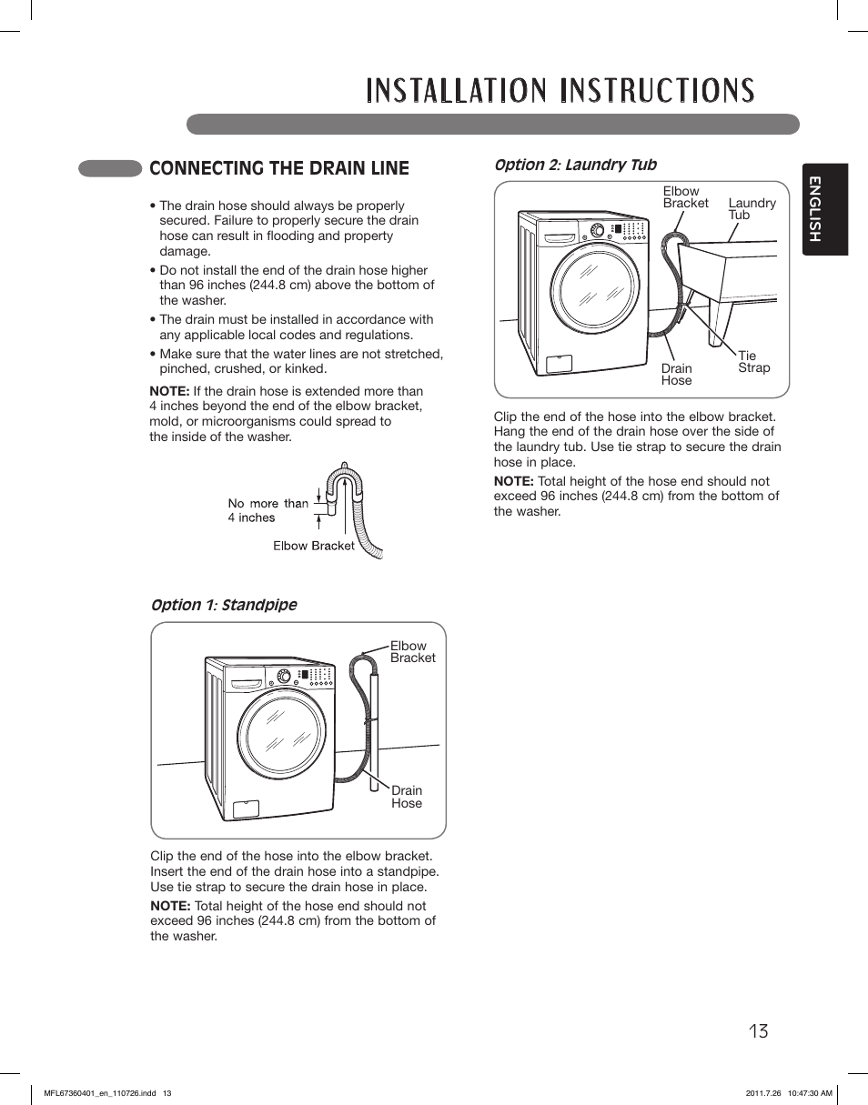 Connecting the drain line | LG WM2240CW User Manual | Page 13 / 72