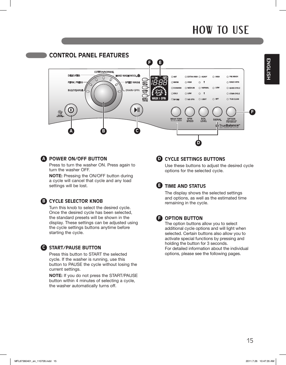 H o w to u s e, Control panel features | LG WM2240CW User Manual | Page 15 / 72