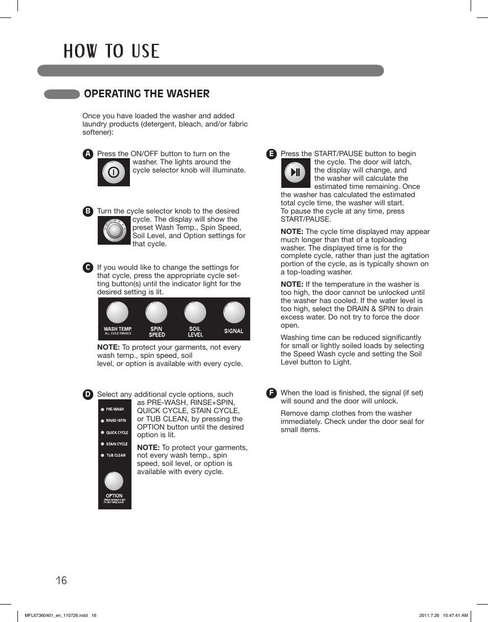 H o w to u s e, Operating the washer | LG WM2240CW User Manual | Page 16 / 72