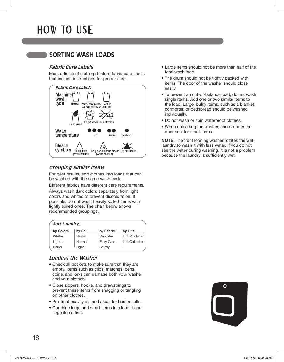 H o w to u s e, Sorting wash loads | LG WM2240CW User Manual | Page 18 / 72