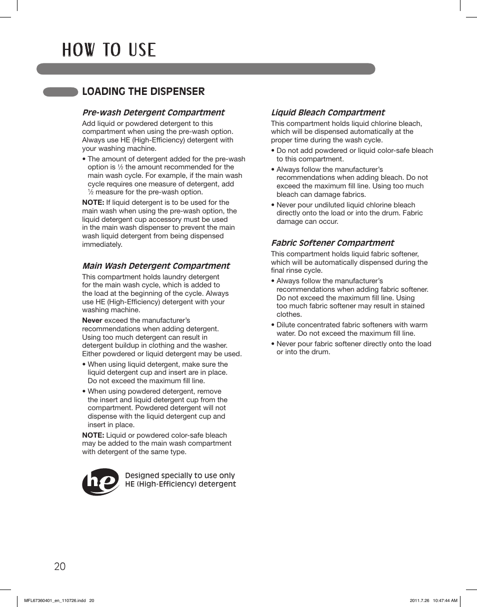 H o w to u s e, Loading the dispenser | LG WM2240CW User Manual | Page 20 / 72