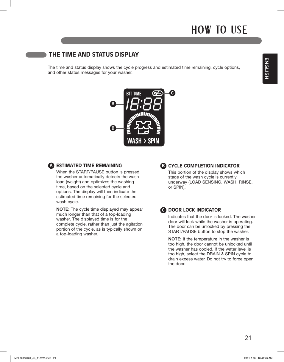 H o w to u s e, The time and status display | LG WM2240CW User Manual | Page 21 / 72