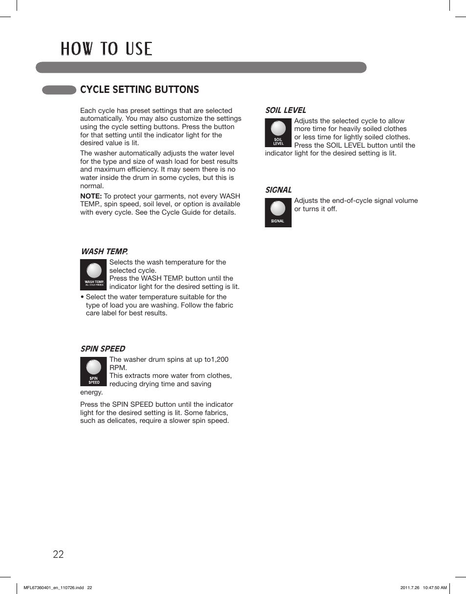 H o w to u s e, Cycle setting buttons | LG WM2240CW User Manual | Page 22 / 72
