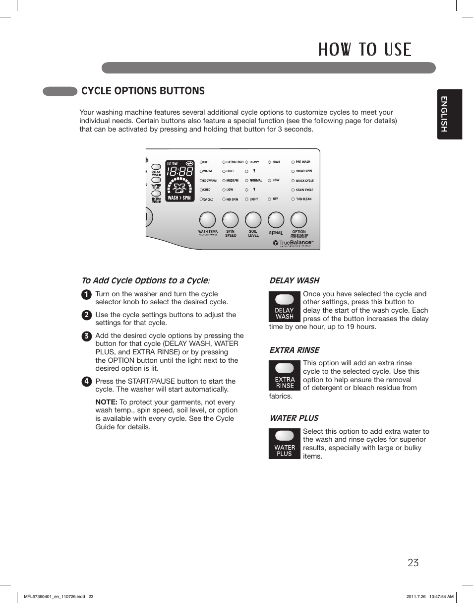 H o w to u s e, Cycle options buttons | LG WM2240CW User Manual | Page 23 / 72