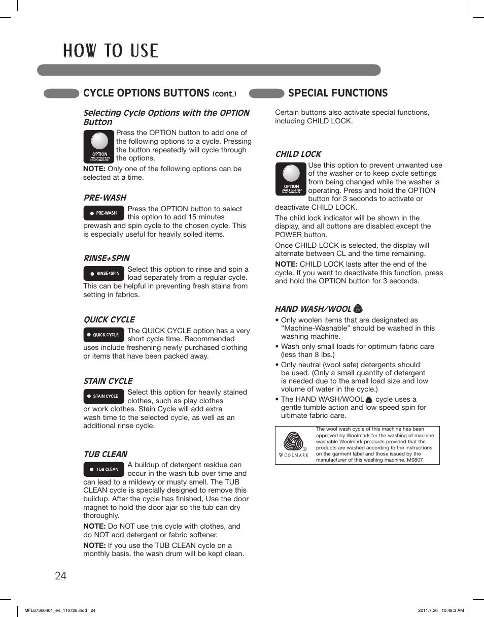 H o w to u s e, Cycle options buttons, Special functions | LG WM2240CW User Manual | Page 24 / 72