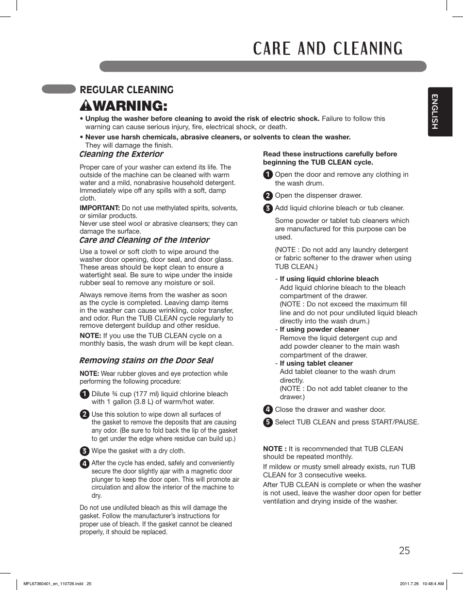 Wwarning, Regular cleaning | LG WM2240CW User Manual | Page 25 / 72