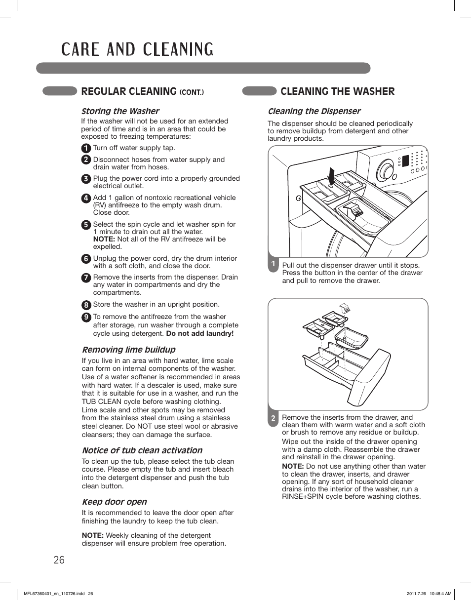 Regular cleaning, Cleaning the washer | LG WM2240CW User Manual | Page 26 / 72