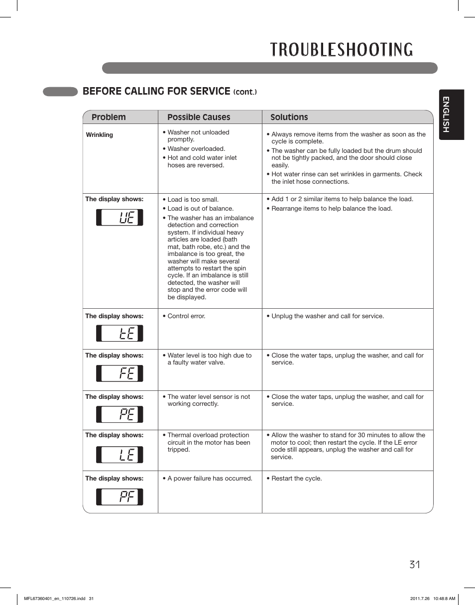 Before calling for service | LG WM2240CW User Manual | Page 31 / 72