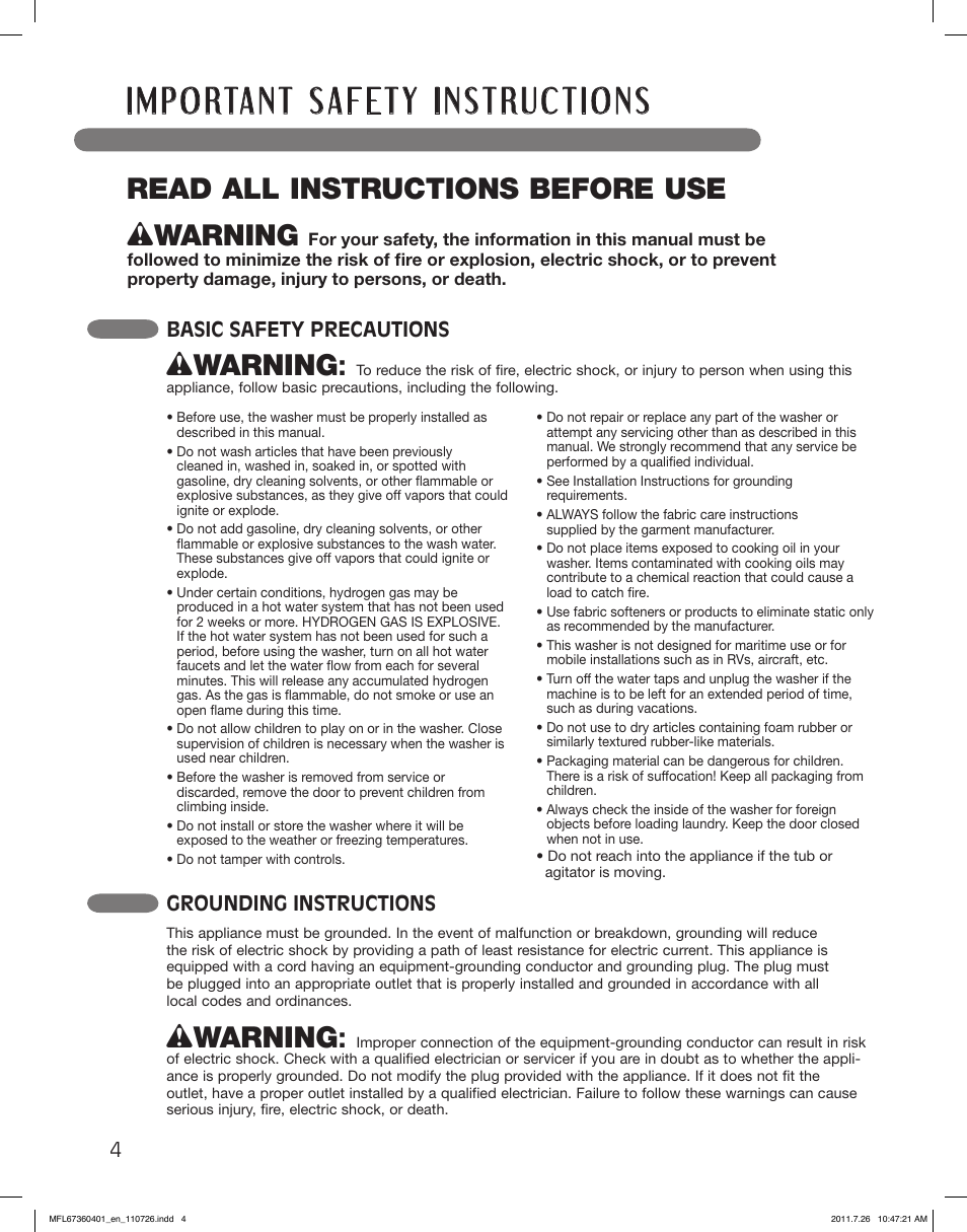 Wwarning, Read all instructions before use, Basic safety precautions | Grounding instructions | LG WM2240CW User Manual | Page 4 / 72