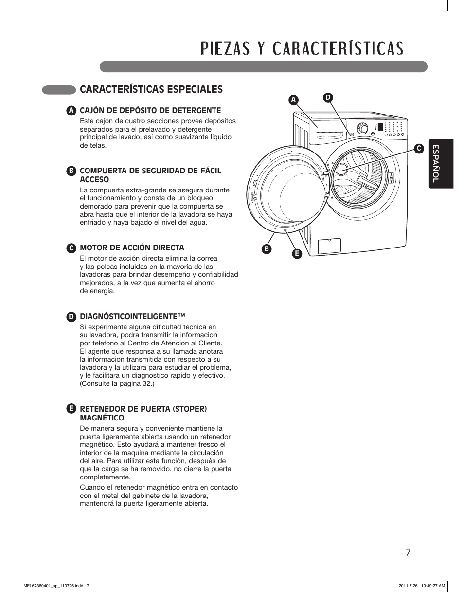 Lea todas las instrucciones antes de usar, Características especiales | LG WM2240CW User Manual | Page 43 / 72